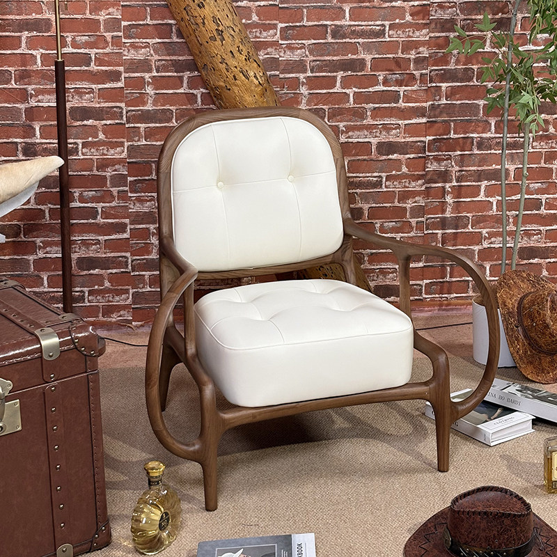 意式简约现代休闲椅北美黑胡桃木实木沙发椅躺椅皮质单人椅扶手椅