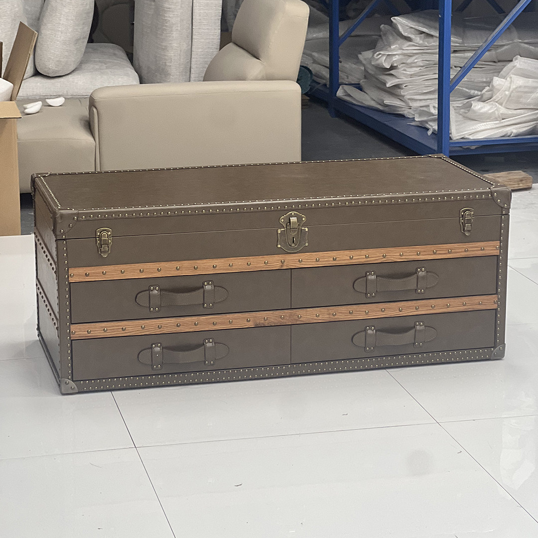 中古风油蜡皮茶几复古做旧美式乡村创意抽屉箱雪茄吧电视柜装饰柜