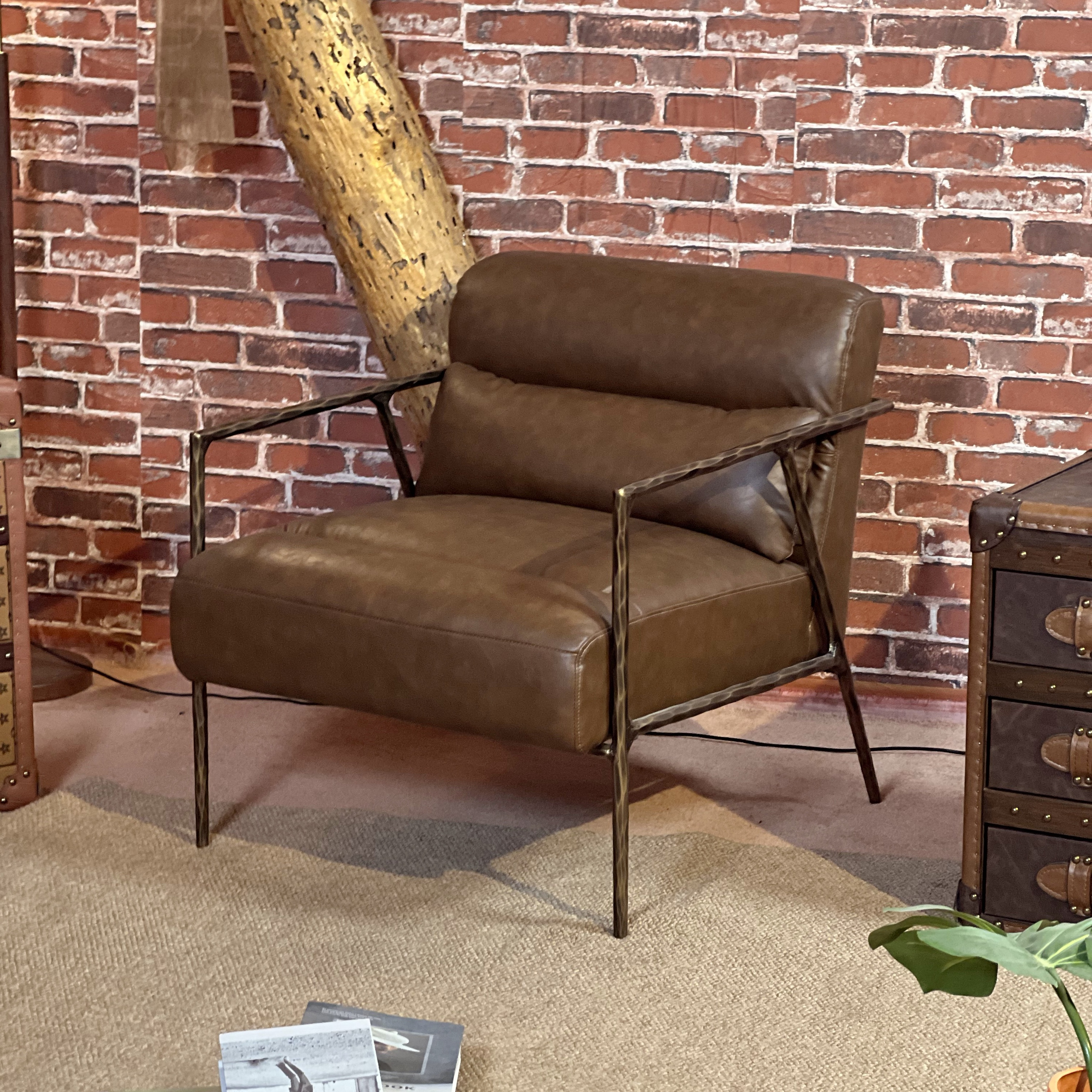 美式复古单人沙发椅茶室全真皮