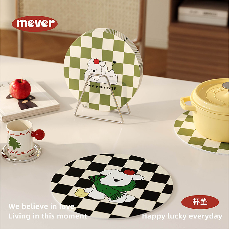 棋盘格复古小狗家用皮革吸水杯垫隔热餐垫桌面咖啡杯茶水垫防烫垫,居家布艺,餐垫,淘宝优惠券,粉丝福利购,淘宝优惠卷