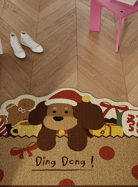 新年圣诞小狗入户地垫丝圈防滑耐脏脚垫子进门玄关门口地毯可裁剪