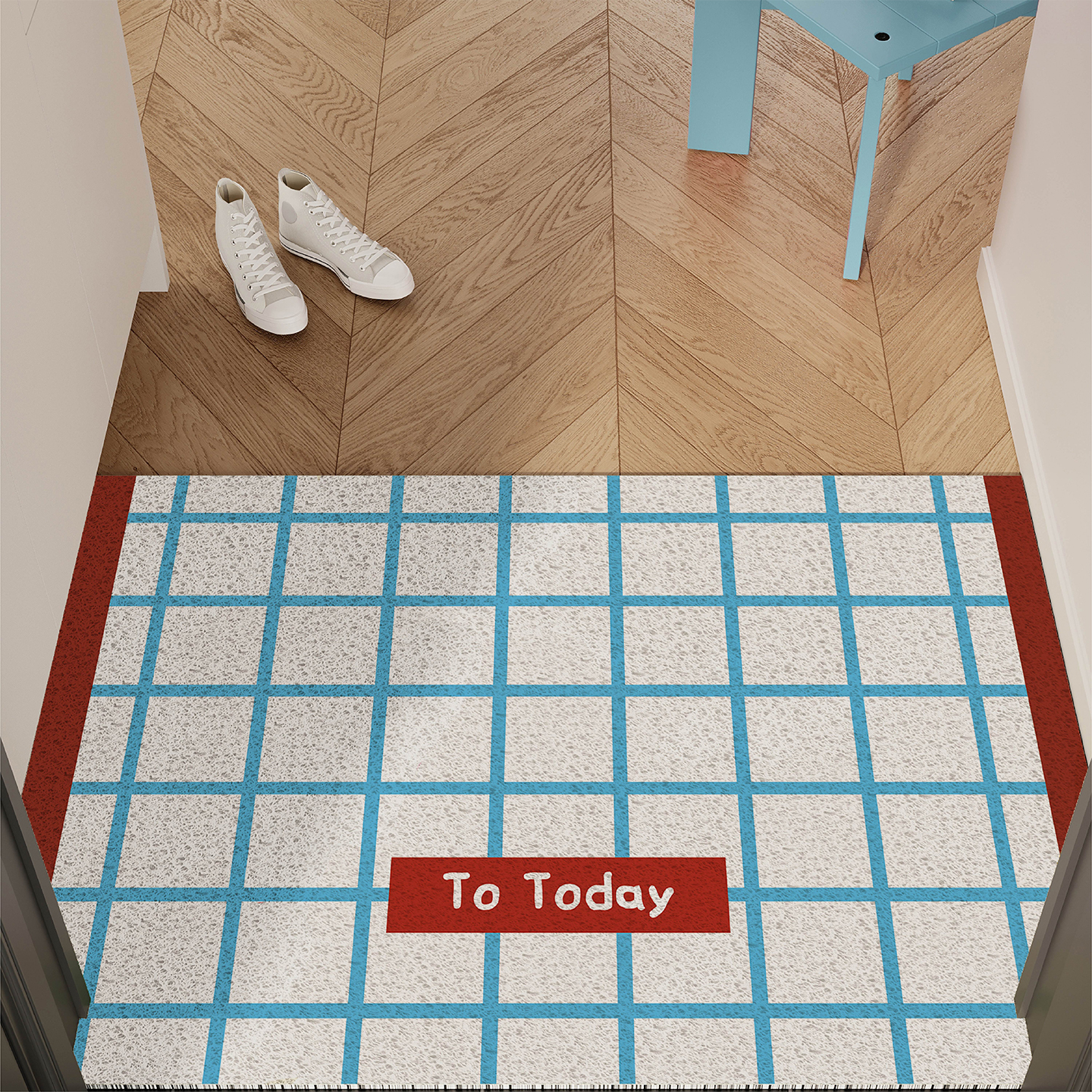 韩系简约格子入户门地垫丝圈防滑