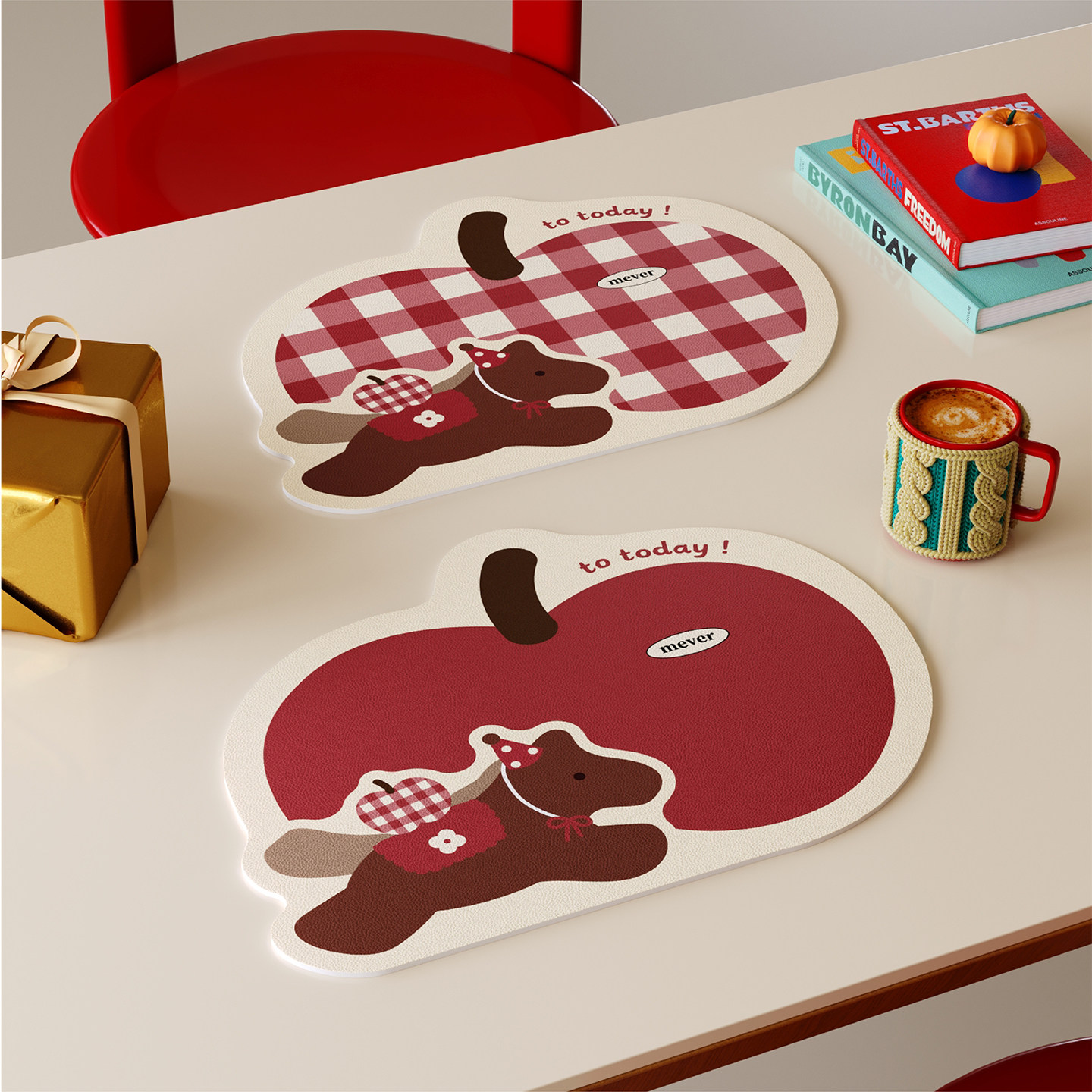 新年苹果小马喜庆西餐垫皮革防水防油防烫免洗高级感隔热桌垫杯垫,居家布艺,餐垫,淘宝优惠券,粉丝福利购,淘宝优惠卷