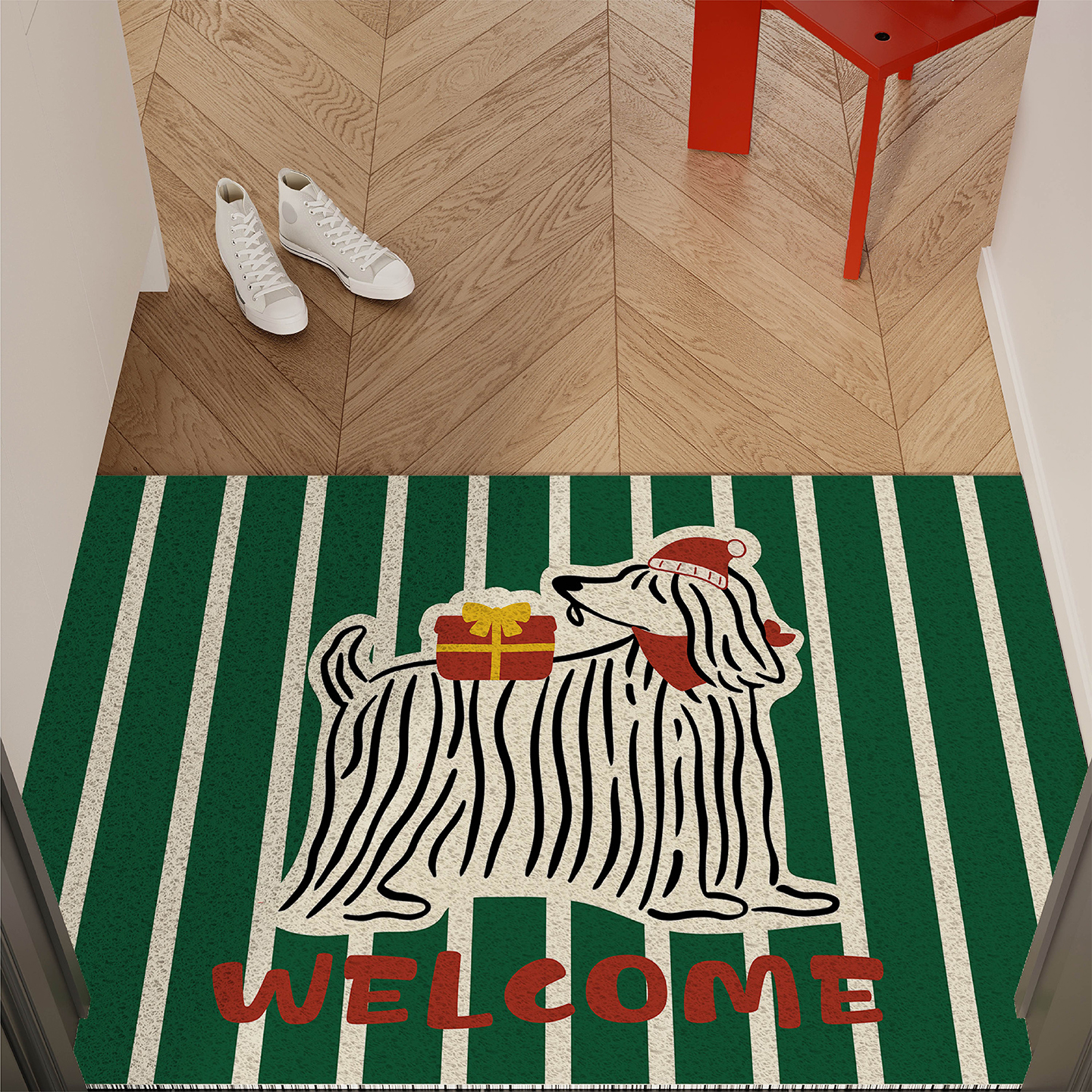 圣诞条纹长毛狗入户地垫丝圈防滑