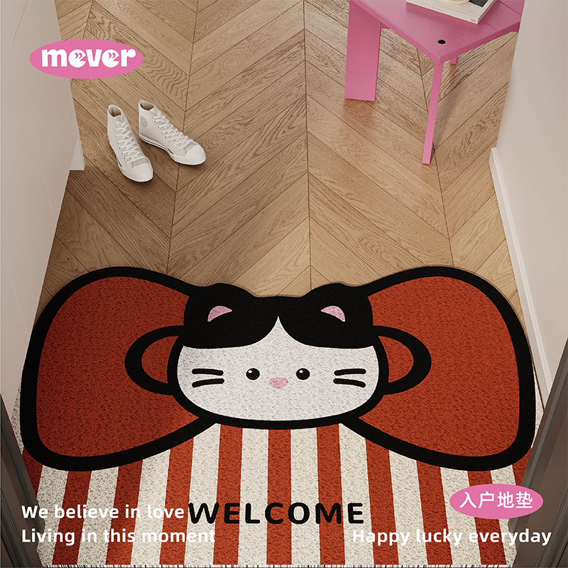 韩式粉色KT可爱猫入户地垫丝圈防滑脚垫进门玄关门口门外毯可裁剪