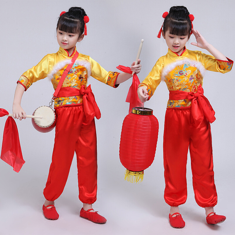 儿童打鼓服演出服中国风腰鼓队服装说唱中国红舞蹈武术幼儿表演服
