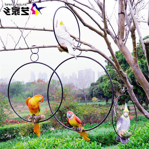 仿真动物鹦鹉摆件假鸟户外别墅花园树上吊环装饰品创意树脂工艺品