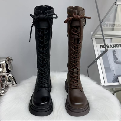 真皮高筒马丁靴女2025新款秋冬加绒厚底增高显瘦系带骑士长筒靴子