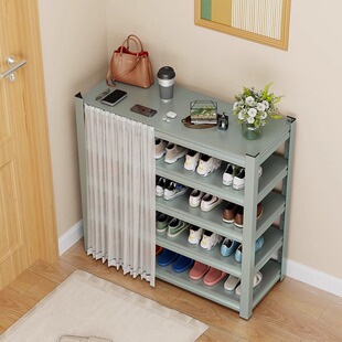 家用鞋架门口防尘多层简易钢制鞋柜带遮挡帘室内新款铁艺收纳架子