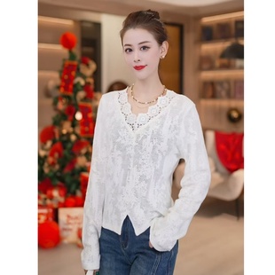 【艾薇严选】法式高级感V领蕾丝衫女春新款韩系设计感打底9006