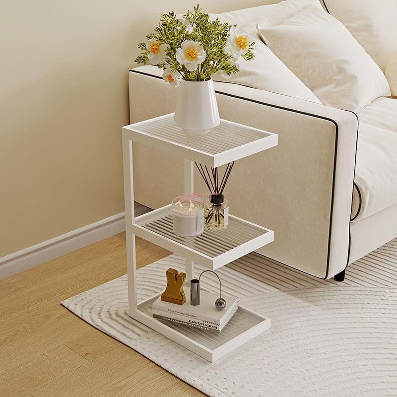 客厅沙发家用落地置物架极窄床头柜轻奢置物架边几奶油风玻璃角几