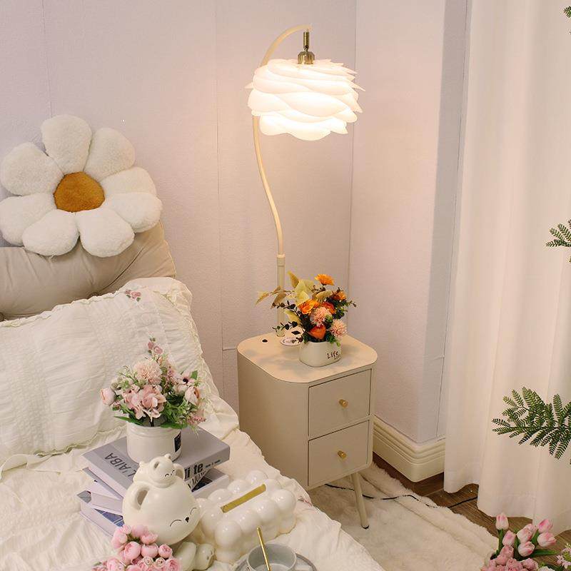 奶油风卧室落地灯床头柜台灯一体氛围感装饰置物架客厅沙发台灯