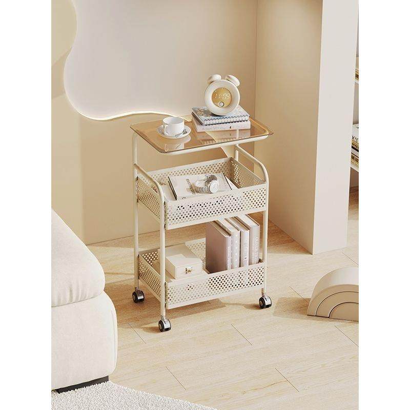 奶油风沙发边柜方几客厅家用可移动小推车边几茶几简约玻璃小桌子