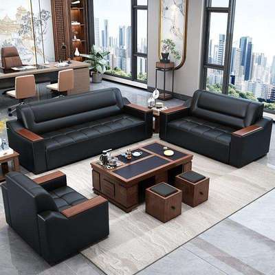 办公室茶桌一体整套商务休息会客接待贵宾办公沙发真皮沙发三人座