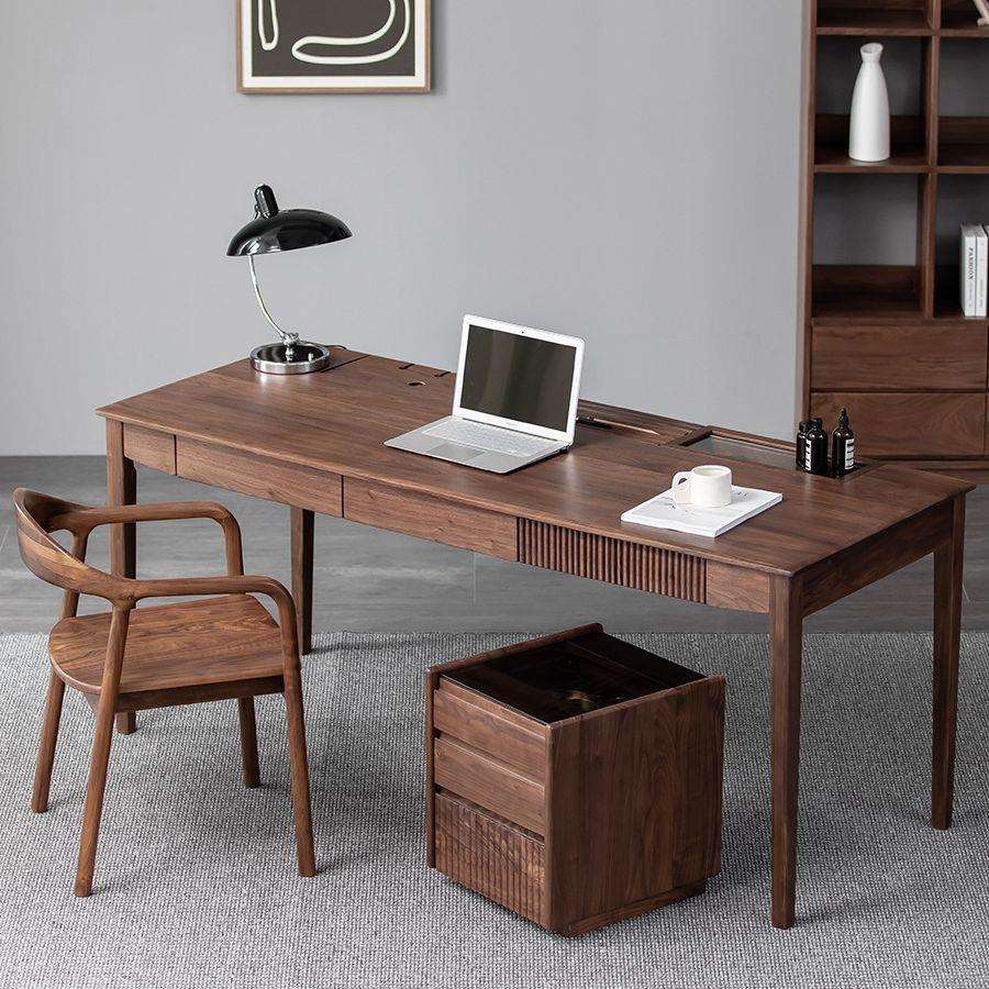 北美黑胡桃木书桌现代简约多功能办公桌实木轻奢电脑桌