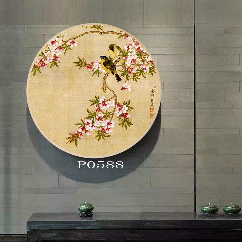 中式走廊b圆形玄关遮挡装饰画古风花鸟喜鹊国画挂画荷花牡丹晶瓷图片