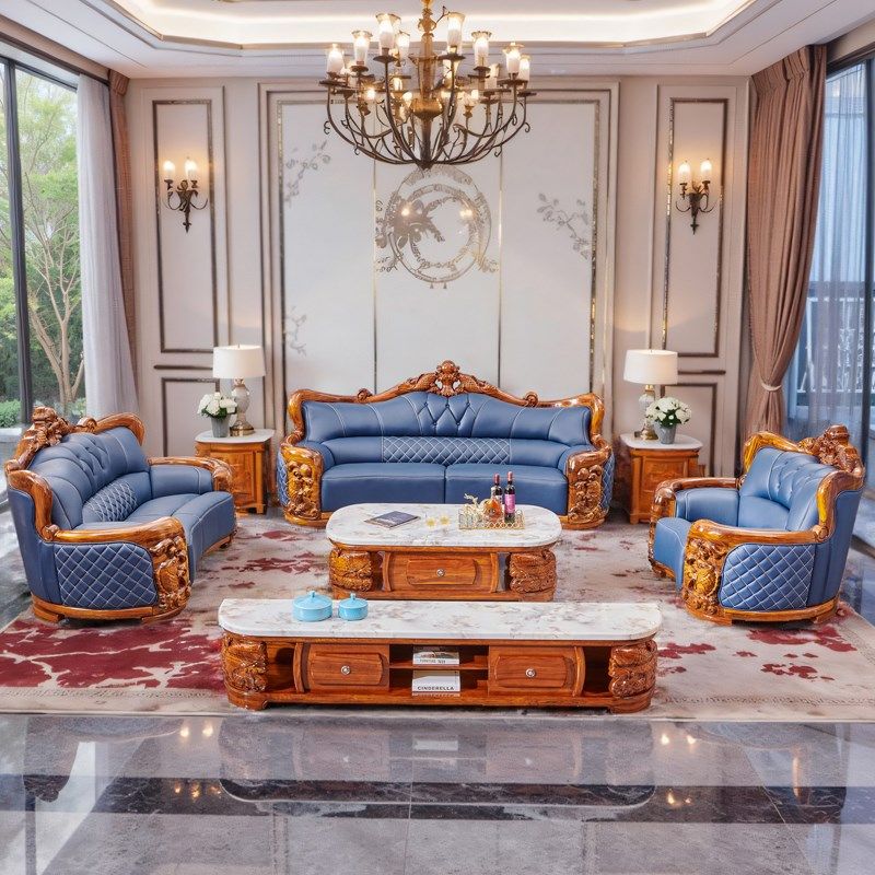 欧式乌金木实木雕刻真皮沙发组合别墅大平层大户型新中式客厅沙发