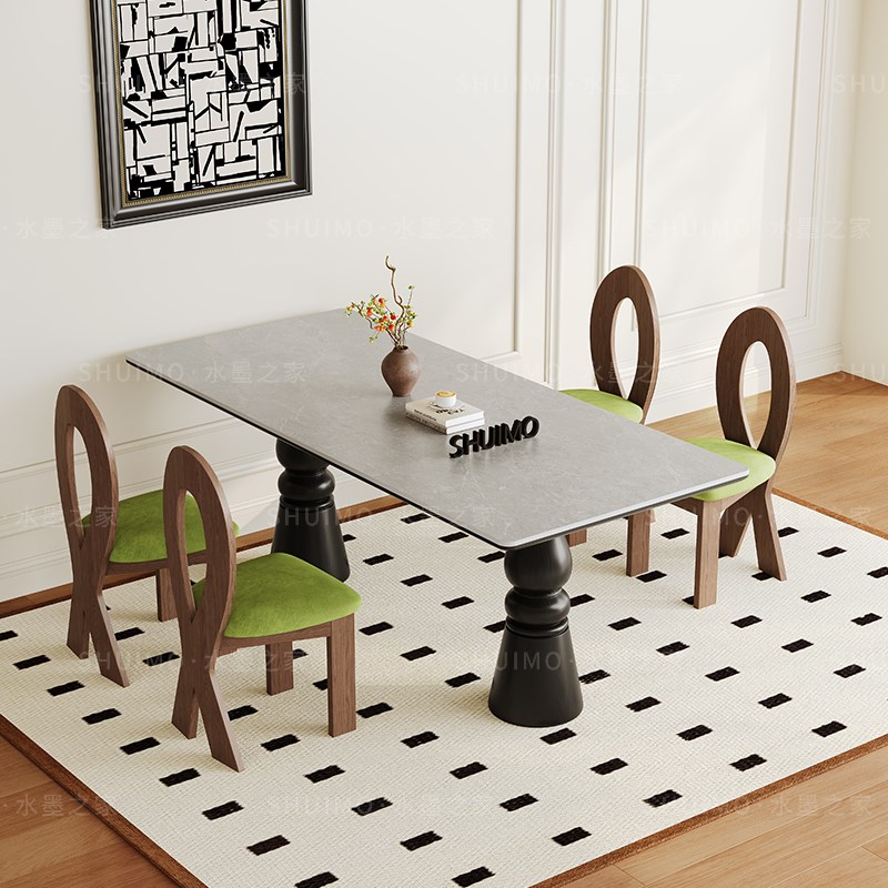 复古实木德利丰餐桌长方形设v计师款法式中古风饭桌家用高端岩板