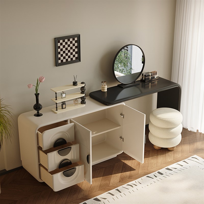 三梦梳妆台斗柜一体卧室轻奢化妆桌黑白高级感伸缩转角收纳储物柜