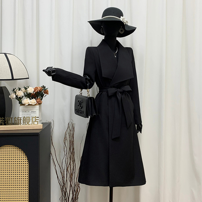 品诺狐2025秋季新品韩版长款黑色风衣外套女士大翻领系带收腰大衣