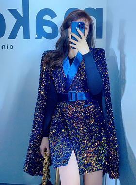 品诺狐正肩大衣高级感富家千金赫本风蓝色亮片毛呢西装外套女秋冬