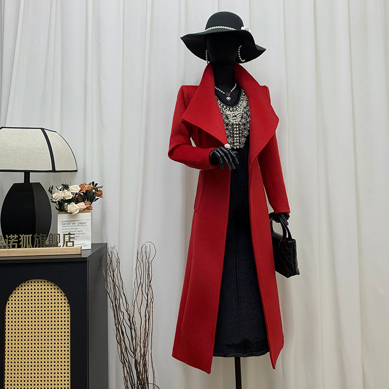 品诺狐加厚高端时髦气质新年红毛呢大衣2025冬季大红色呢子外套女
