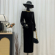 连衣裙2025秋冬款 品诺狐重工钉珠百搭长款 高腰裙黑色丝绒压褶长袖