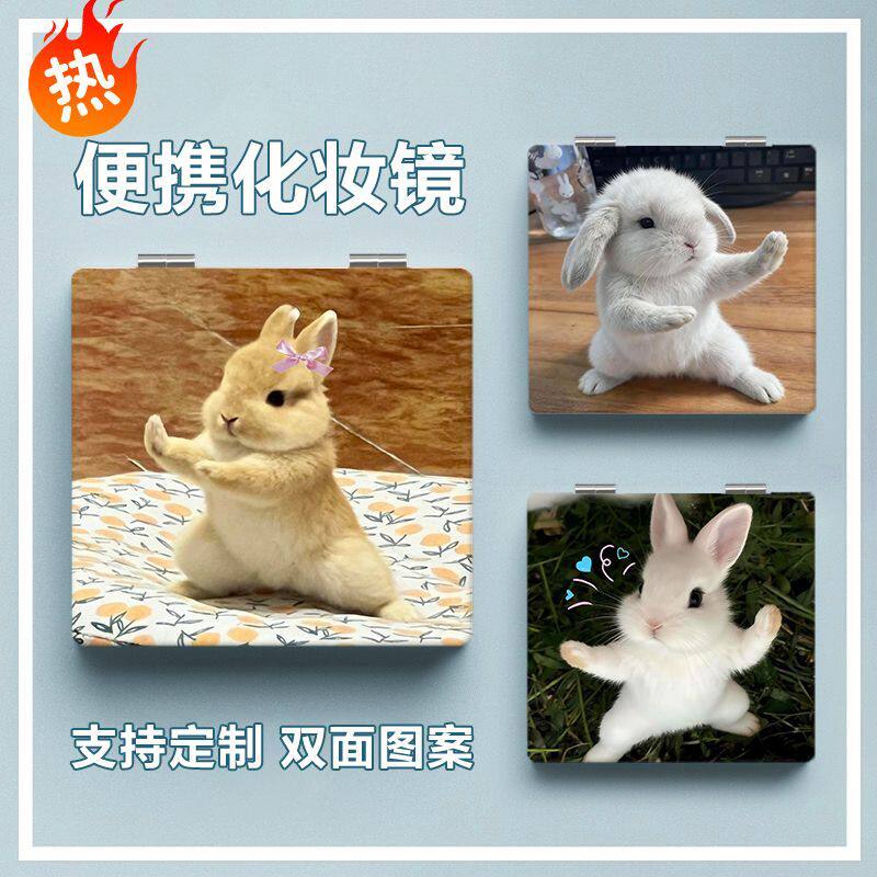 功夫小兔可爱表情包小镜子随身带学生便携翻盖式化妆镜折叠双面