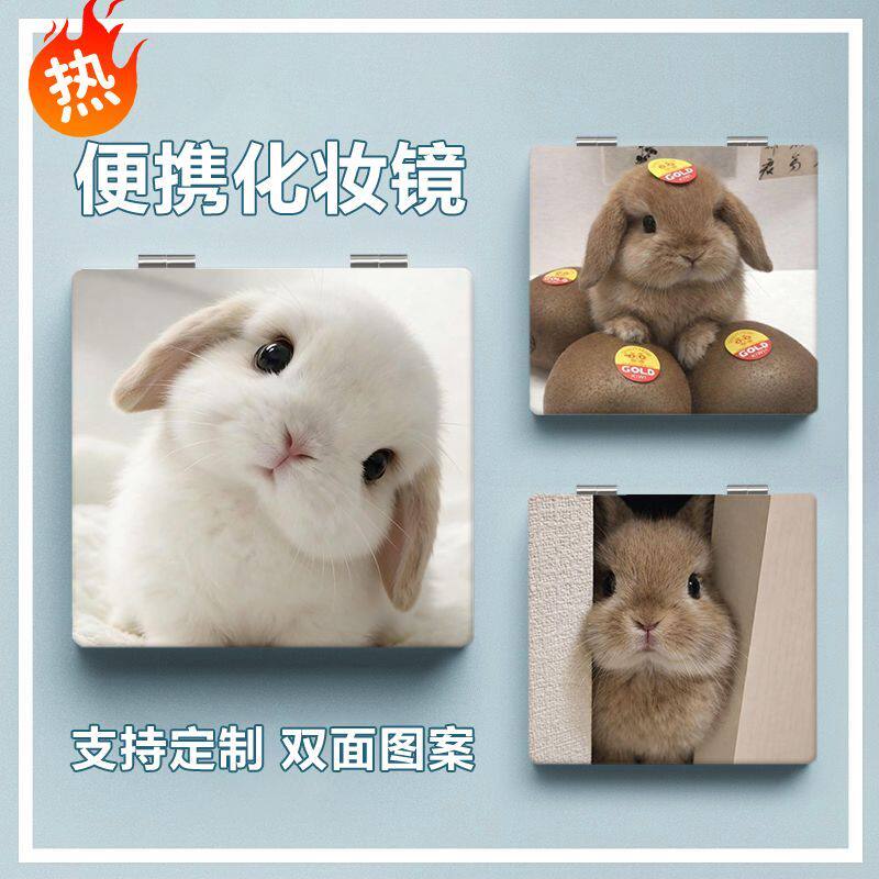 可爱小兔子表情包小镜子学生便携化妆镜随身带翻盖式折叠补妆镜