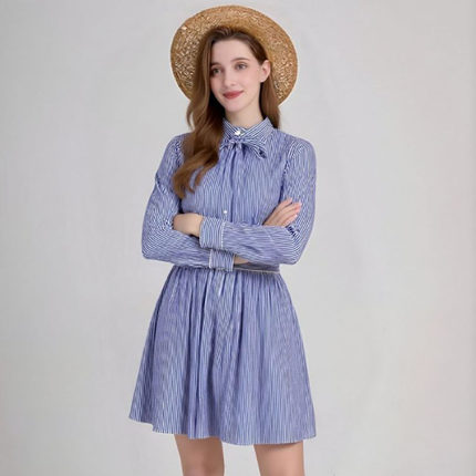 潮奢MSGM 女士条纹印花褶裥梭织衬衫连衣裙