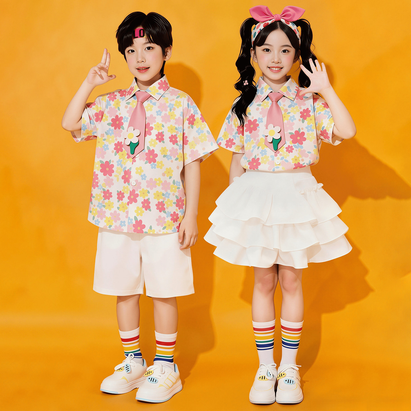 六一儿童演出服小学生啦啦队碎花衬衫男女童趣风合唱舞蹈拍照服装