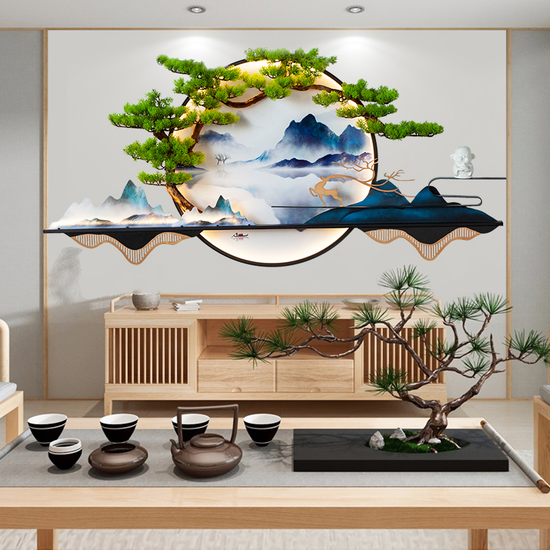新中式圆形带灯装饰画玄关沙发背景墙上3d立体仿真迎客松禅艺优选