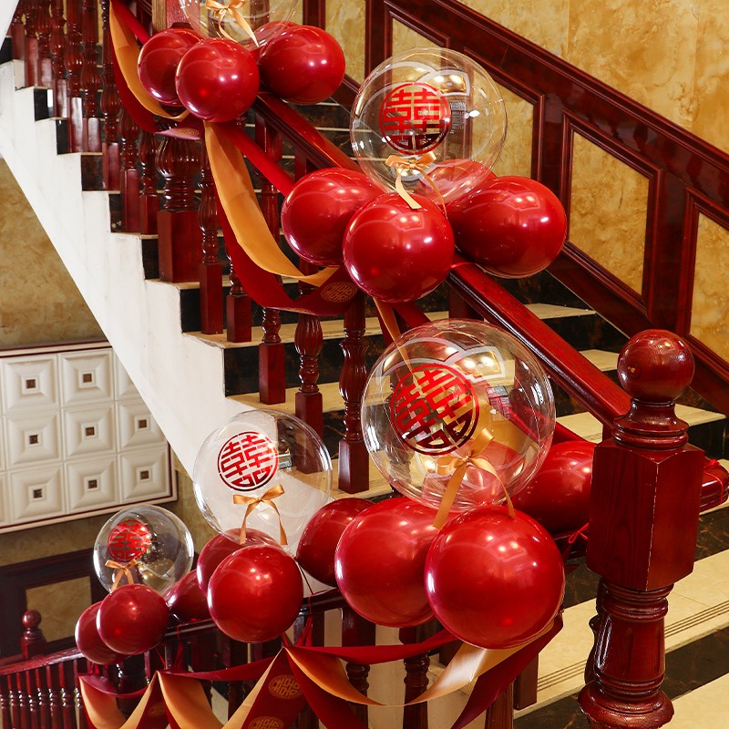 红色纱幔结婚拉花婚礼婚房布置楼梯扶手气球彩带网纱装饰婚庆用品