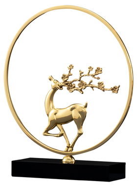 新中式客厅门厅摆件黄铜鹿摆件圆盘水晶装饰用品摆设轻奢乔迁礼品