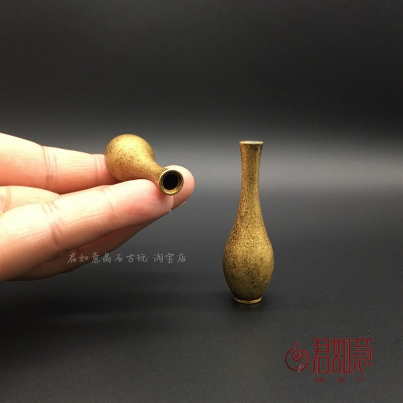 仿古纯铜仿古小花瓶一对黄铜将军铜罐迷你元宝净瓶玄关铜摆件