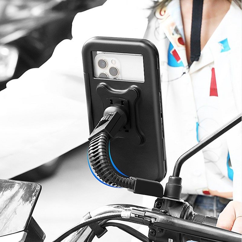 新款摩托车电瓶车后视镜车把全封闭防水手机导航固定支架盒子防震