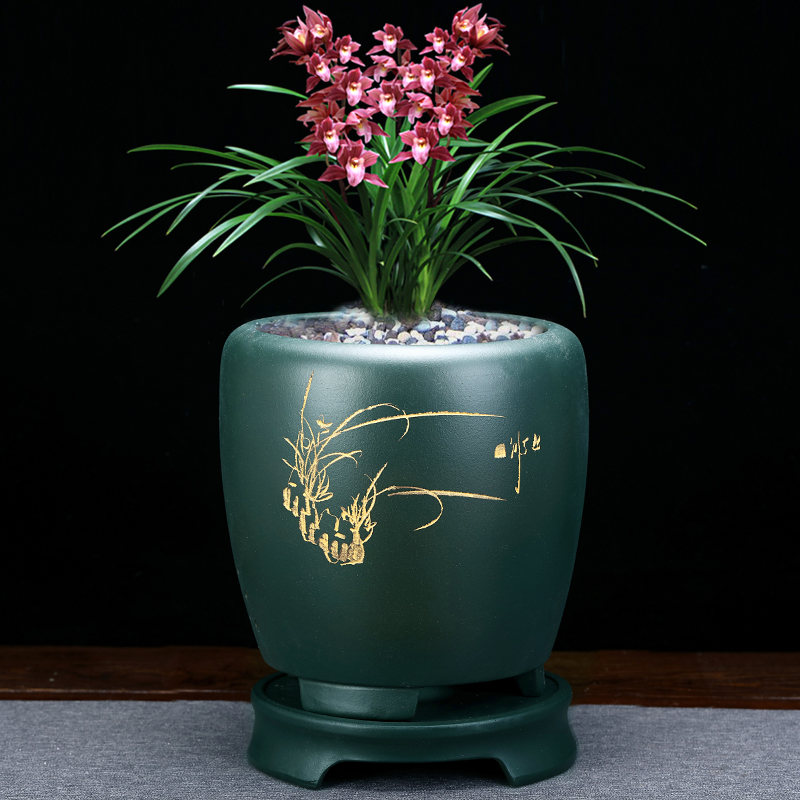 宜兴紫砂兰花盆君子兰专用陶瓷盆景盆室内桌面多肉精品花瓶带底座