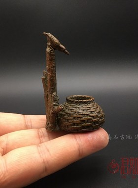实心铜竹笼一柱香香插摆件 全铜枝头小鸟饮水铜趣香炉迷你茶宠