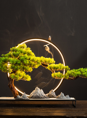 新中式仿真迎客松摆件客厅枯山水玄关柜桌面装饰品倒流香家居摆设