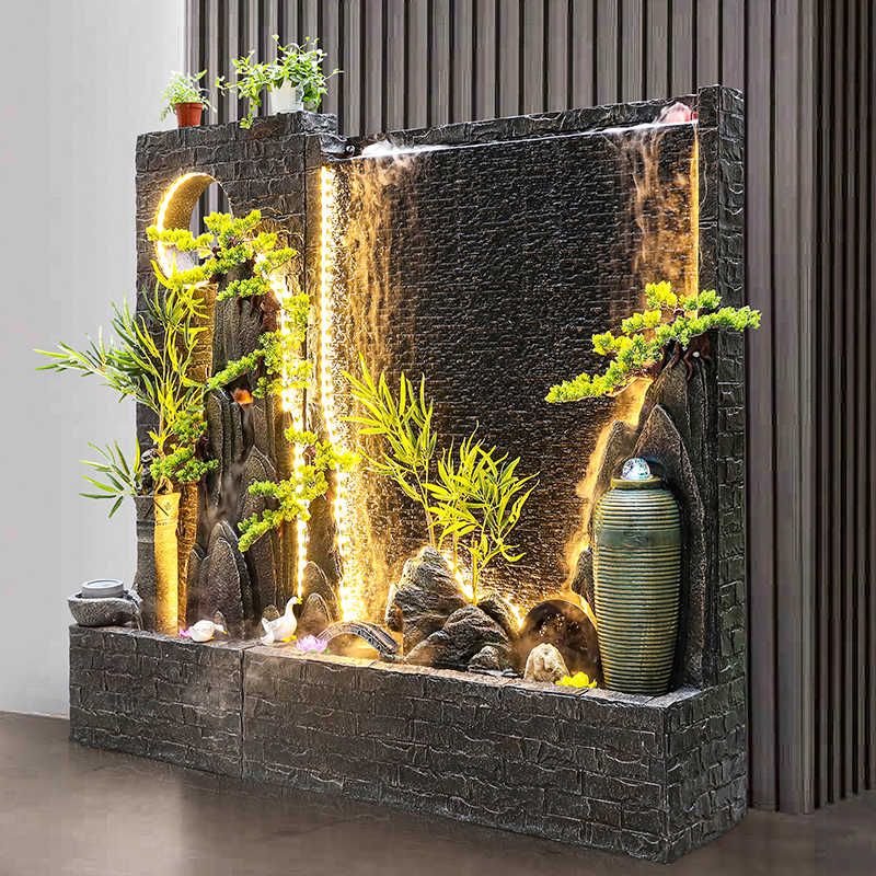 新中式大型隔断水幕墙招财水车喷泉流水屏风摆件酒店造景循环水景