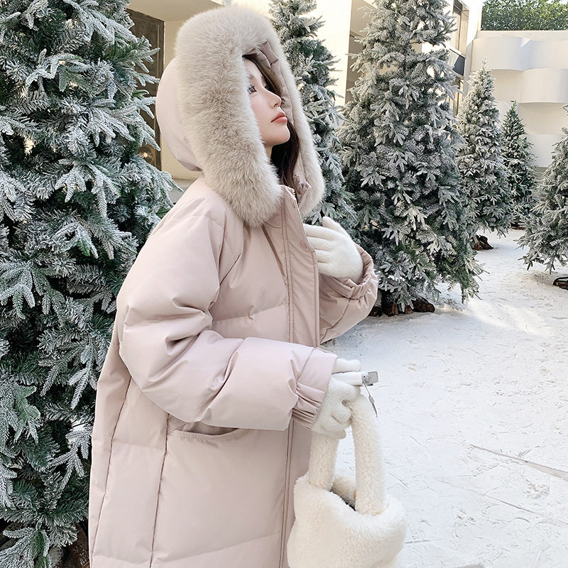 修身羽绒服女款显瘦2025新款白鸭绒大毛领连帽洋气加厚中长款过膝