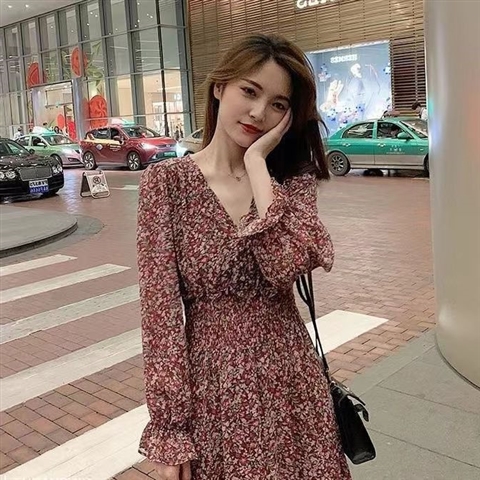 Spring and summer Dress Chiffon Long sleeve Medium and long term Retro temperament Show thin printing fairy longuette Chaoxian 2025 The new