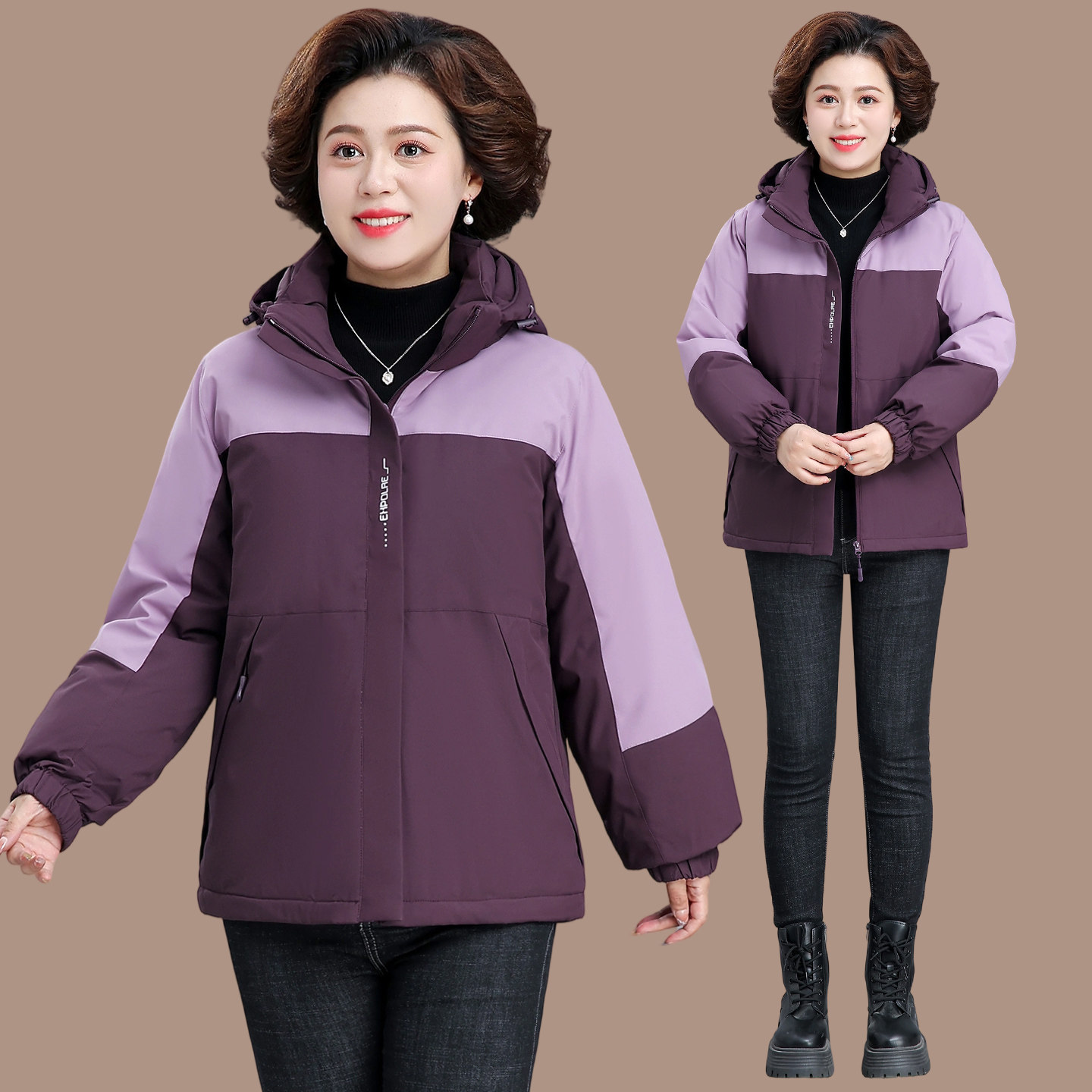 妈妈装连帽棉服女中老年加厚外套冬季冲锋衣棉袄女士撞色棉衣