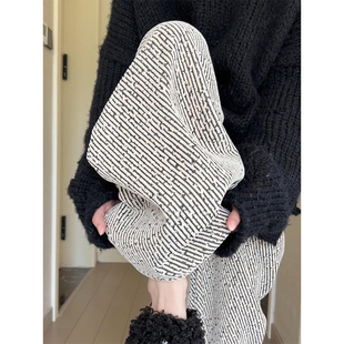清仓捡漏加绒黑白斜纹条纹裤子女秋冬高腰垂感慵懒直筒拖地阔腿裤