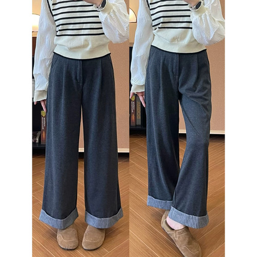 胖mm毛呢休闲裤女秋冬季加绒直筒