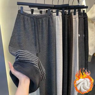 直筒阔腿裤 大码 子 女秋冬新款 清仓捡漏加绒加厚复古条纹保暖休闲裤
