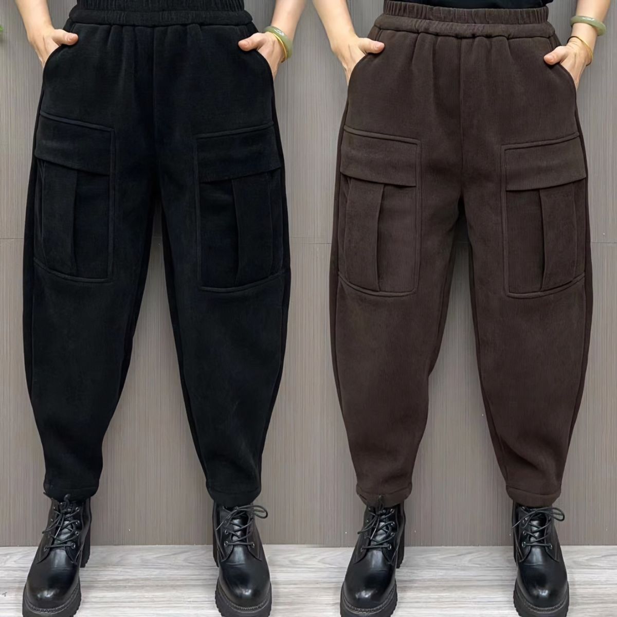 冬季加绒加厚宽松大码哈伦裤显瘦