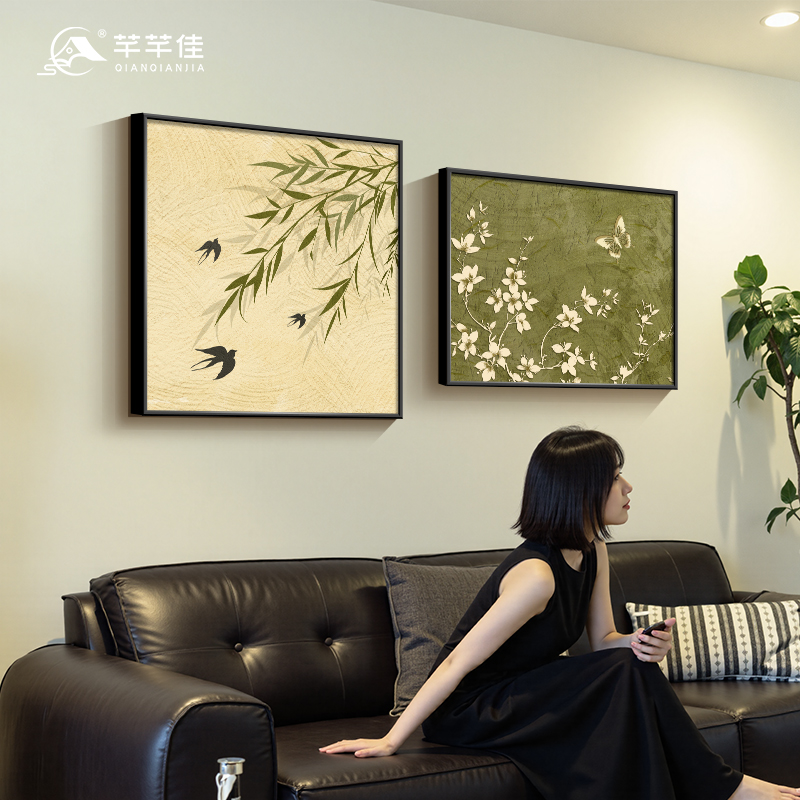 绿色系竹子客厅大白墙装饰画中古风花卉沙发墙挂画高级感餐厅壁画