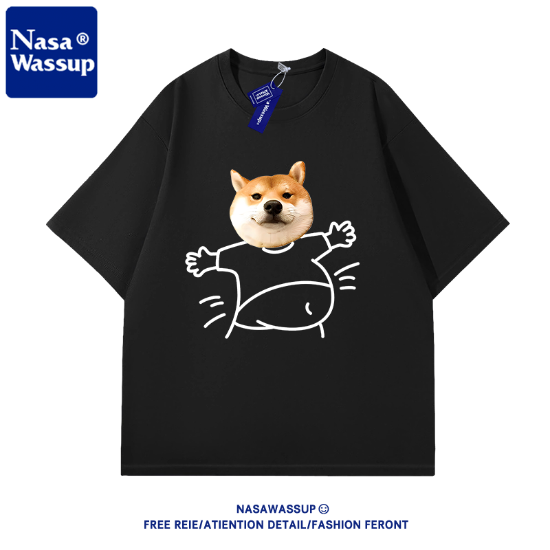 NASA夏季创意趣味大肚子柴犬短袖t恤男小狗印花纯棉宽松半袖潮牌