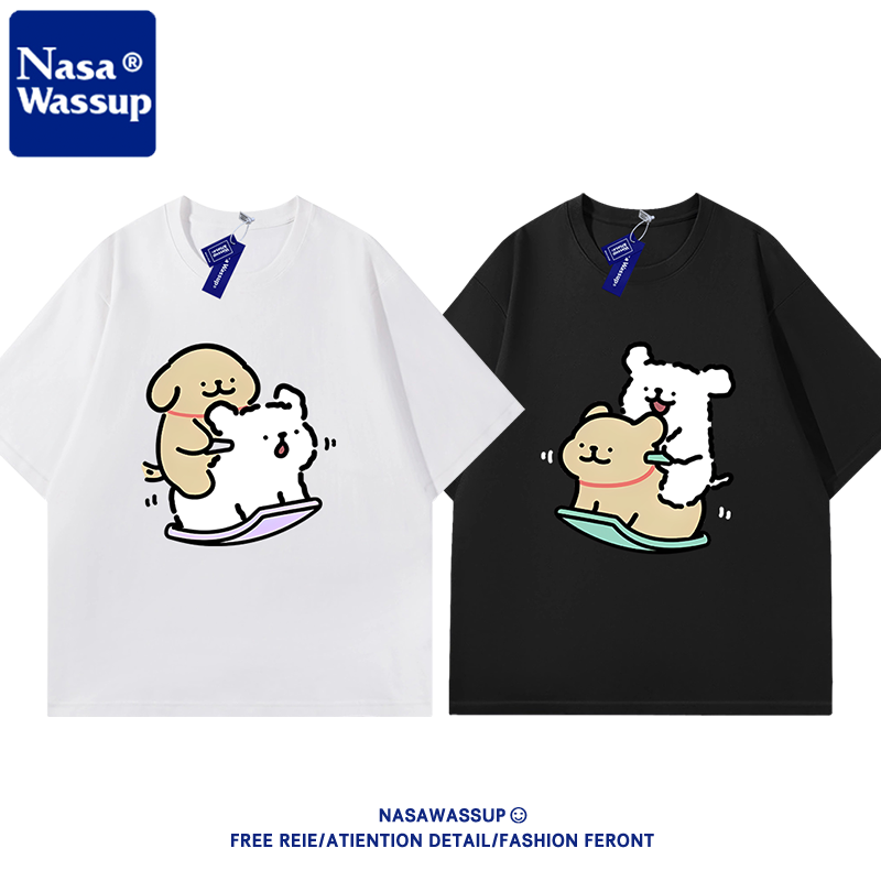 NASA联名马尔济斯线条小狗卡通短袖t恤纯棉宽松特别的情侣装衣服